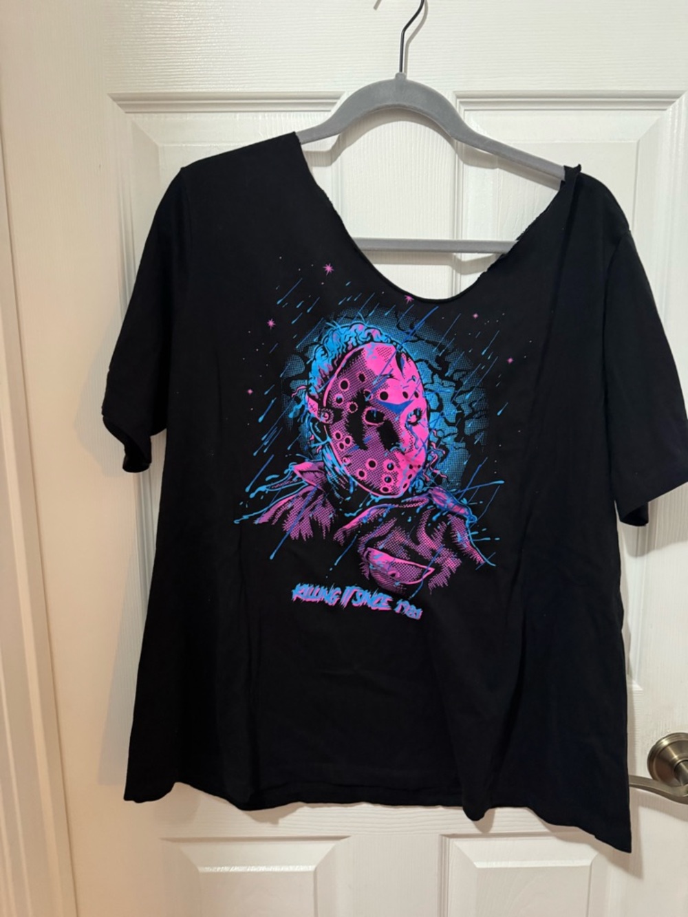 Black Graphic Short Sleeve Tee with Pink & Blue Horror Print